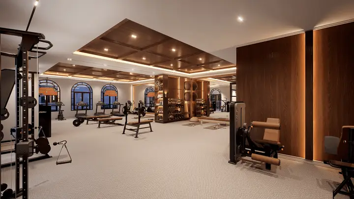 Academia equipada com vista para o jardim