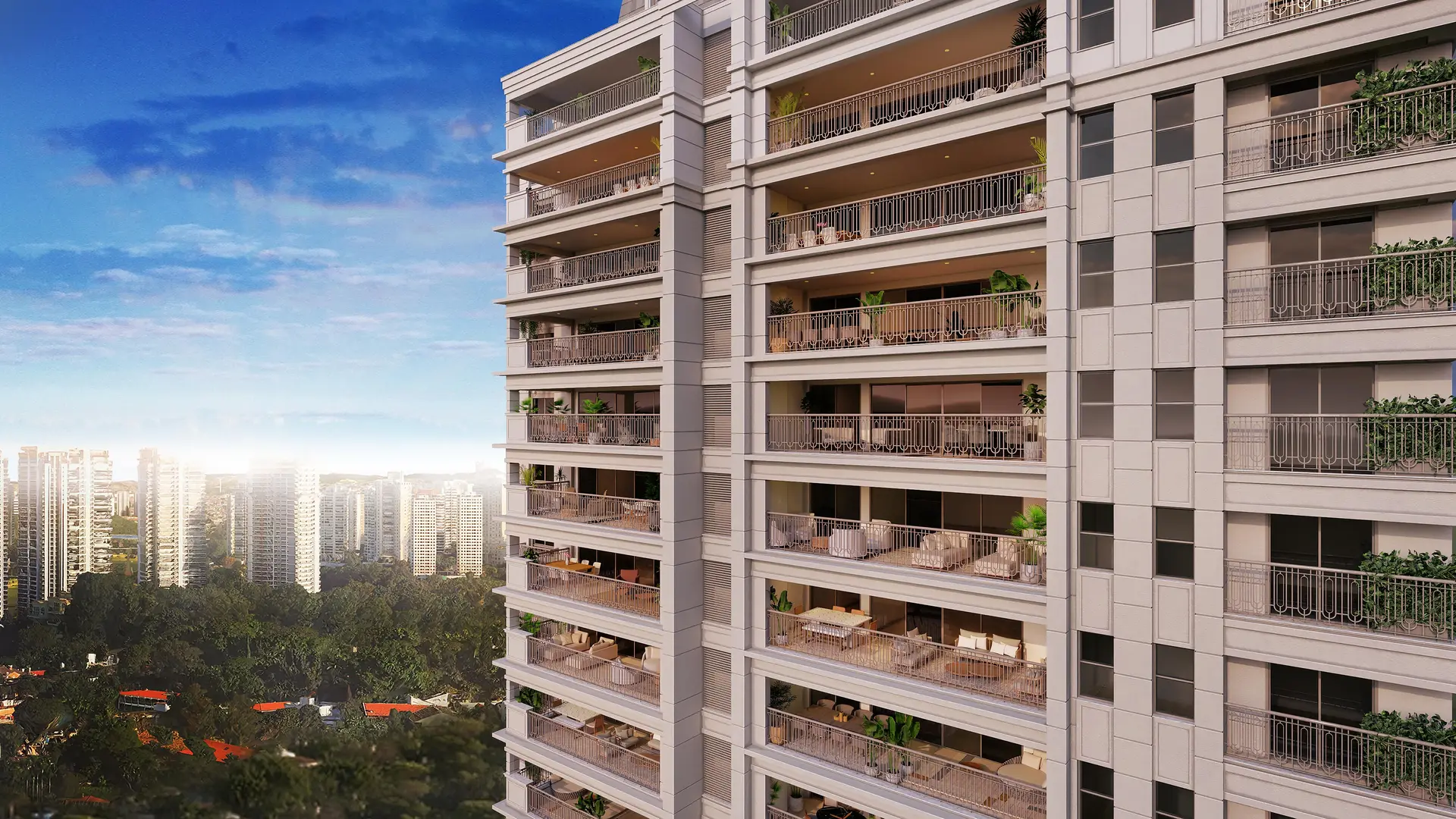 Fachada da Torre Harmonie do Château Jardin com jardim arborizado em primeiro plano, onde estão os apartamentos garden na Cidade Jardim