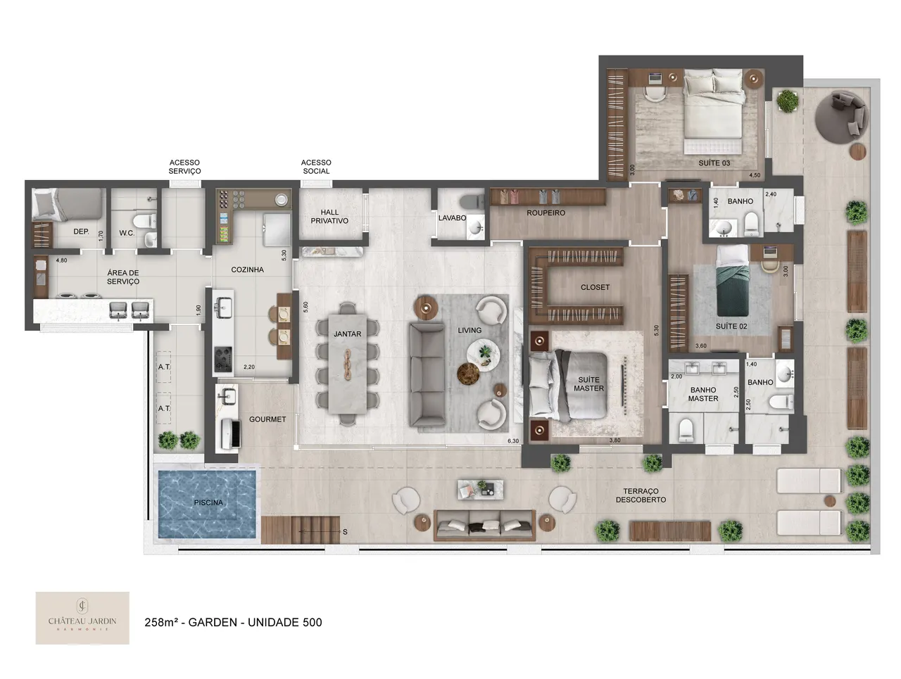 Planta do apartamento garden 258m² da Torre Harmonie no Château Jardin, com piscina privativa e jardim integrado