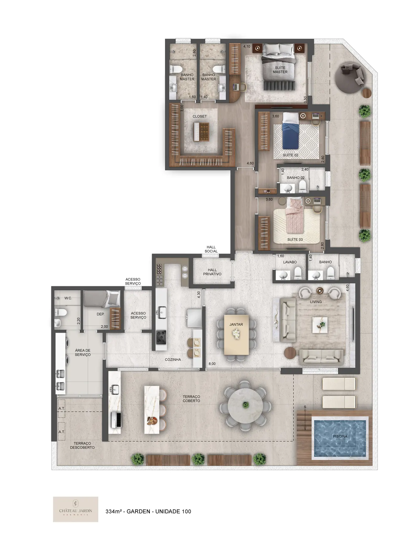 Planta do apartamento garden 334m² da Torre Harmonie no Château Jardin, com piscina privativa e terraço gourmet