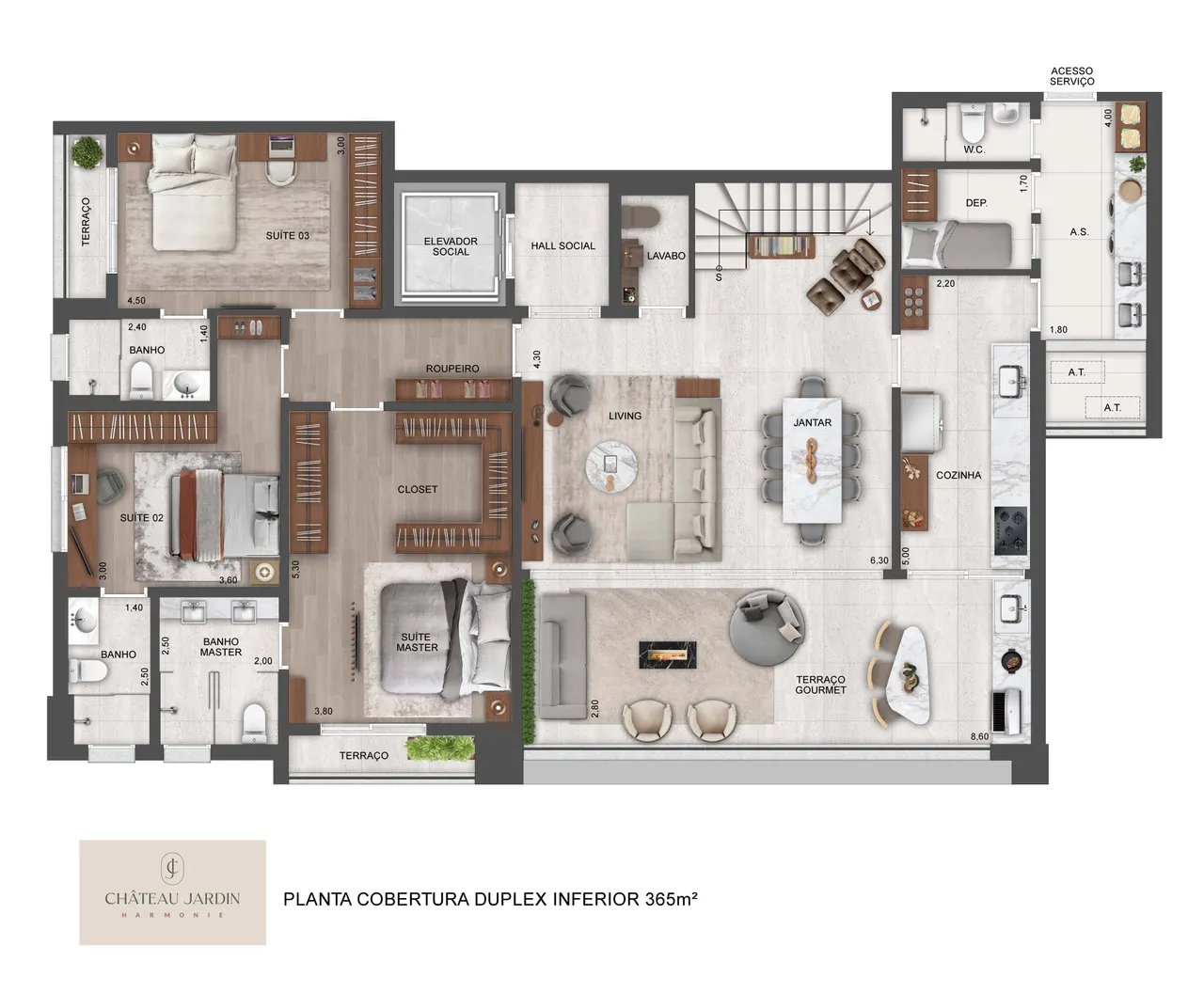 Planta do pavimento inferior da cobertura duplex 365m² da Torre Harmonie no Château Jardin, Cidade Jardim