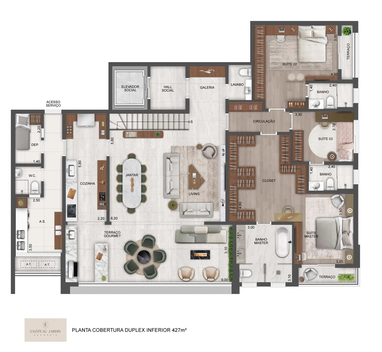 Planta do pavimento inferior da cobertura duplex 427m² da Torre Harmonie no Château Jardin, Cidade Jardim