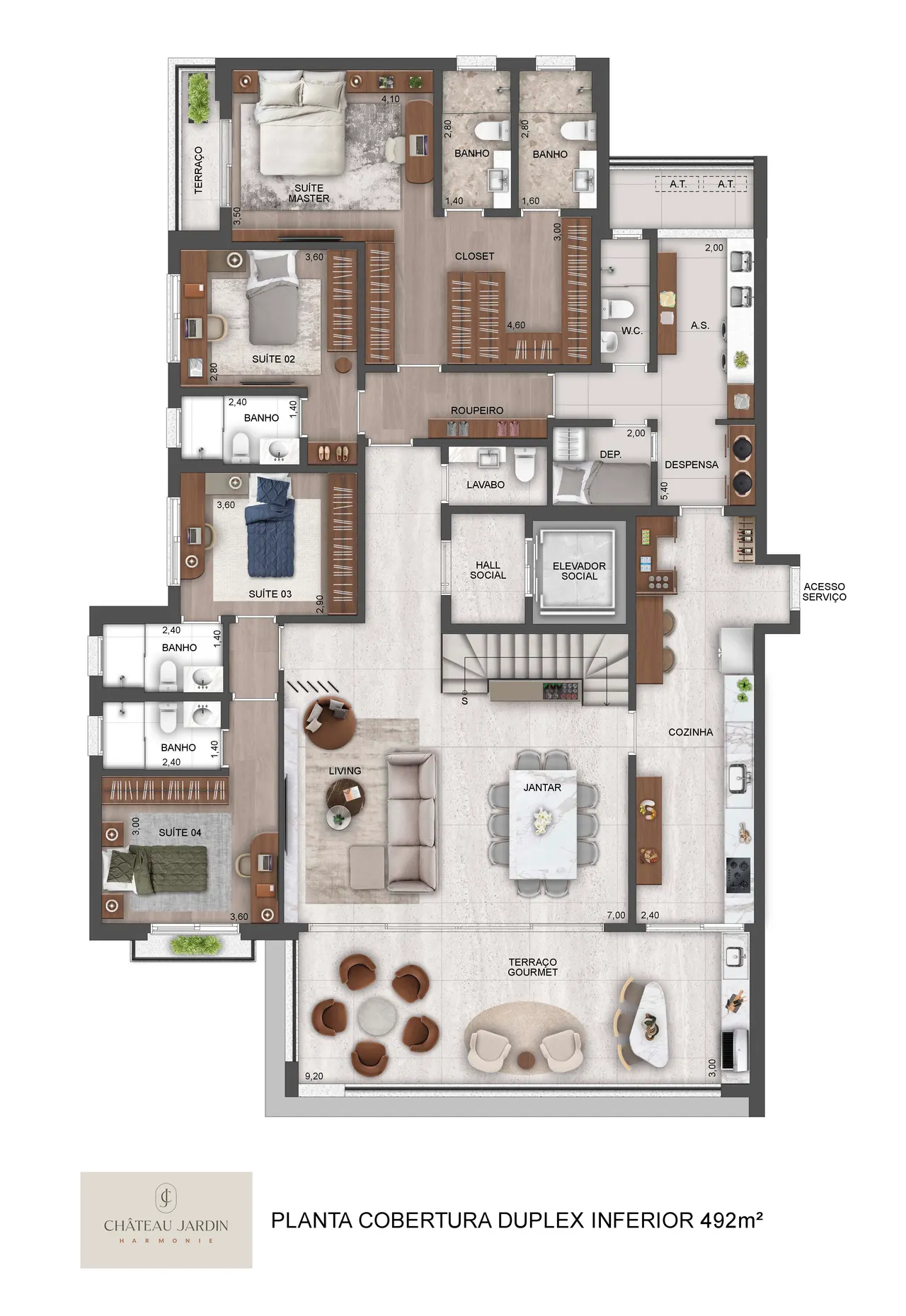 Planta do pavimento inferior da cobertura duplex 492m² da Torre Harmonie no Château Jardin, Cidade Jardim