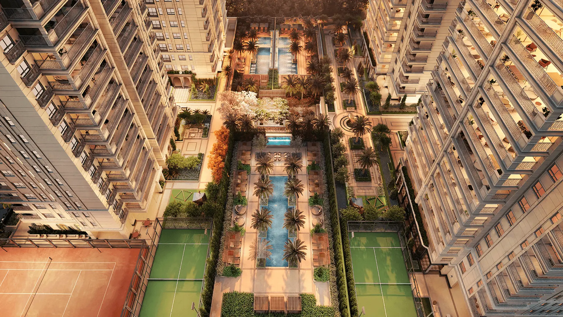 Vista aérea do empreendimento Château Jardin entre as torres residenciais e o jardim arborizado