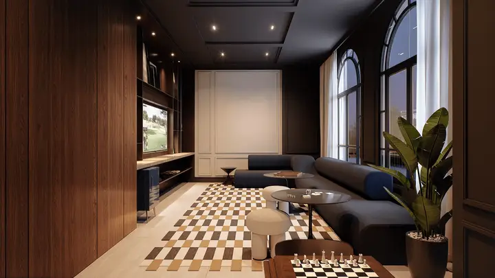 Sala de jogos com sinuca e lounge