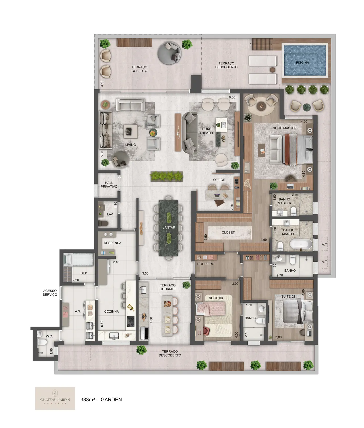 Planta do apartamento garden 383m² da Torre Lumière no Château Jardin, com home theater, office e piscina privativa