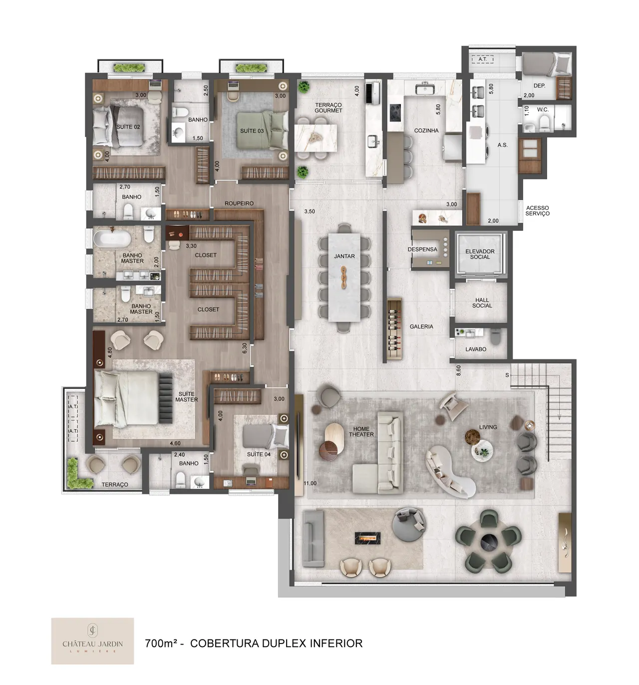 Planta do pavimento inferior da cobertura duplex 700m² da Torre Lumière no Château Jardin, Cidade Jardim